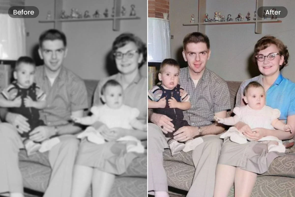 A person holding a faded old black-and-white family photo in one hand and a phone displaying the restored, colorized version in the other.